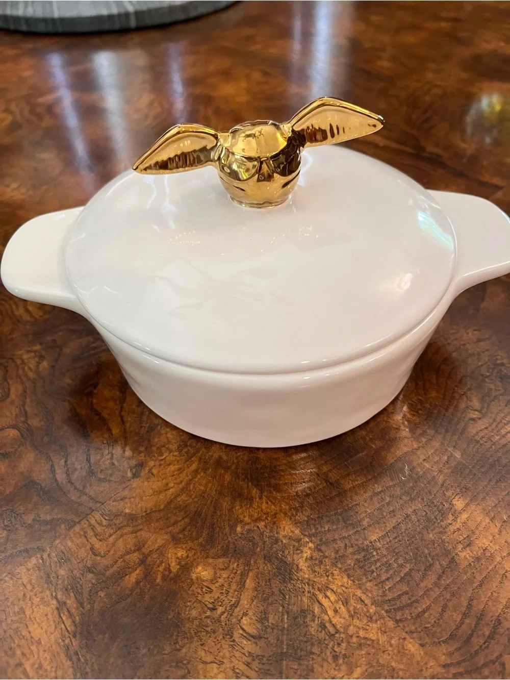 Rae Dunn White Ceramic Covered Dish with Gold Handle
